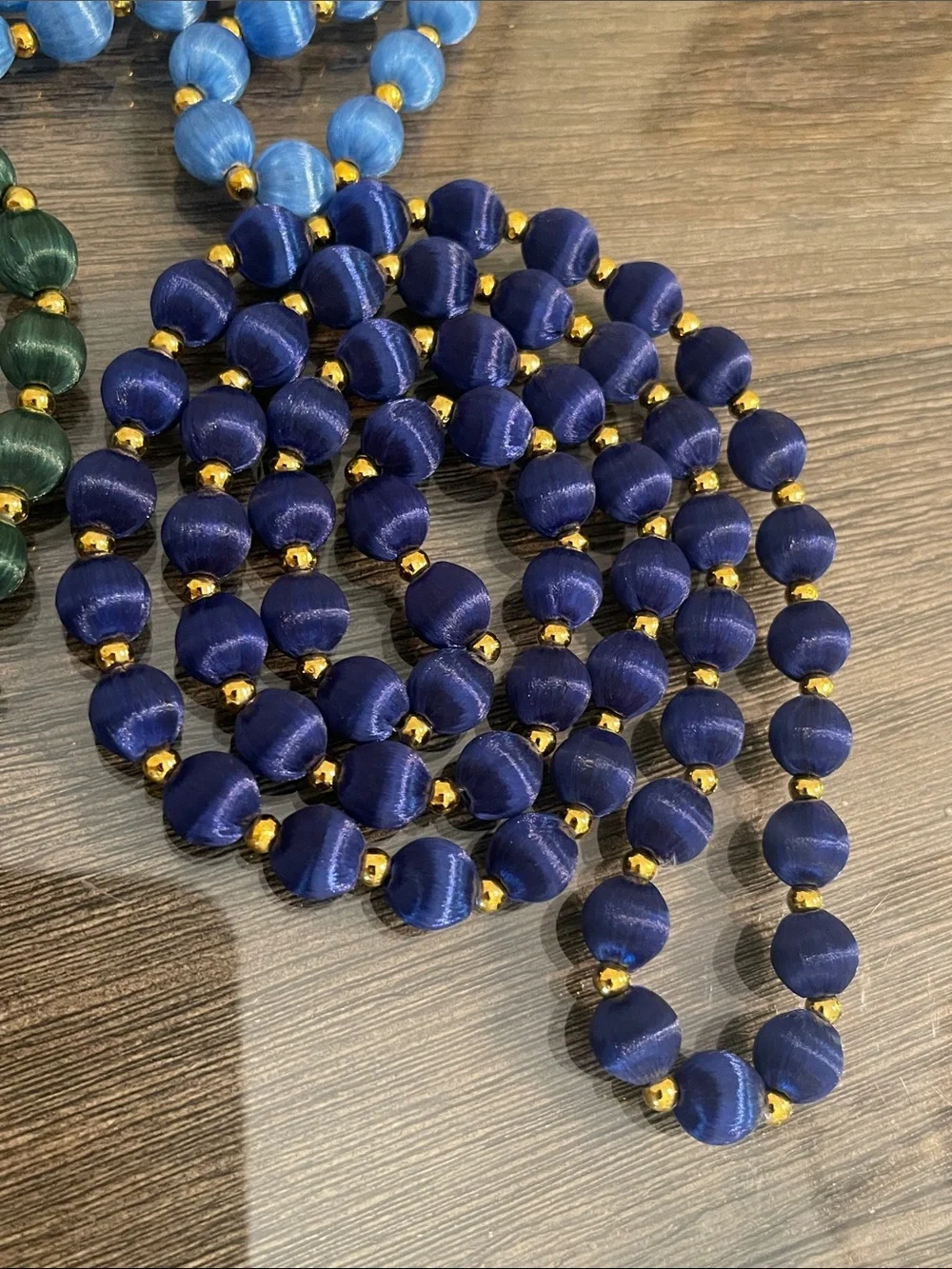 Vintage 3 Necklaces with Spun Silk Satin Beads Gold Tone Spacers 30 In. Approx